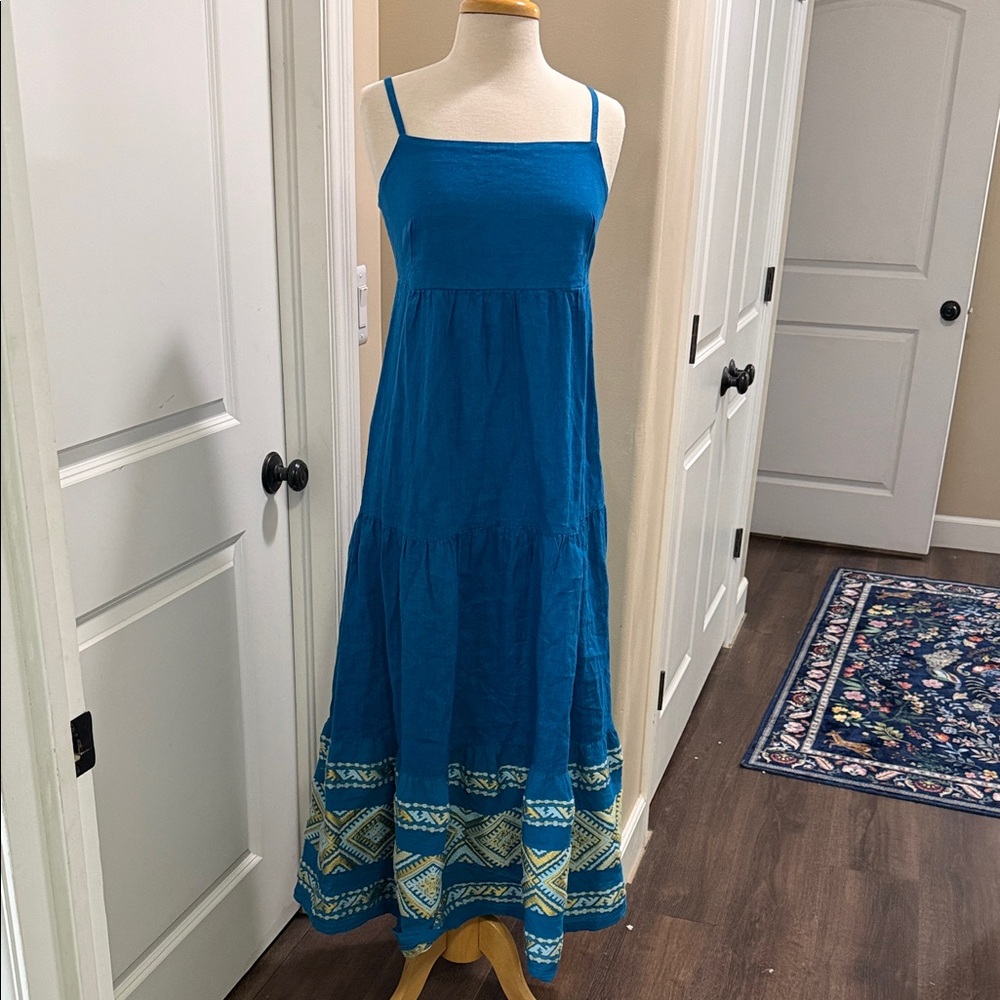 Linen Blue Maxi Dress with embroidered Hem